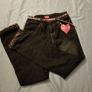 NWT Black Girls Jeans w/ Cheetah Belt and Cuffs